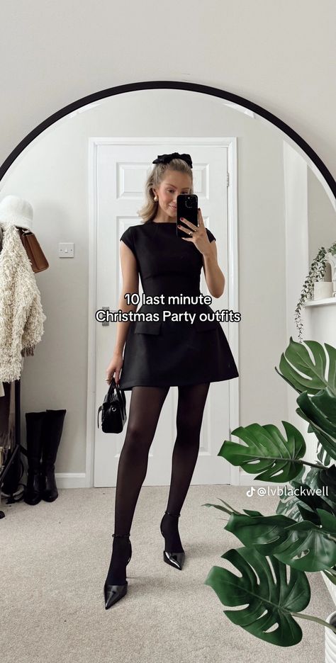 Black Dress And Pantyhose Outfit, Blazer Dress And Tights, Black Sheer Tights Outfit Classy, Corporate Christmas Dinner Outfit, Christmas Party Black Dress, Black Pointed Heels Outfit Dress, Black Panty Hose Outfit Dress, Dress With Black Panty Hose, Winter Formal Dresses Short Tight