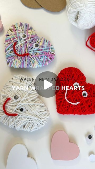 Heart Yarn Craft, 3d Heart Craft, Heart Crafts Kids, Prek Valentines, Heart Crafts For Kids, Hart Craft, Cardboard Heart, Googly Eye Crafts, Cute Garland