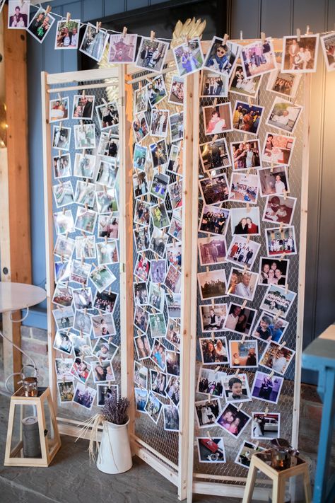 Room Divider Picture Display, Peg Board Picture Display, 30th Photo Board, Photo Wall Collage For Birthday, Peg Board Photo Display, Photo Display At Wedding Reception, Polaroid Board Wedding, Crisp Wall Wedding, Wedding Photo Collage Wall