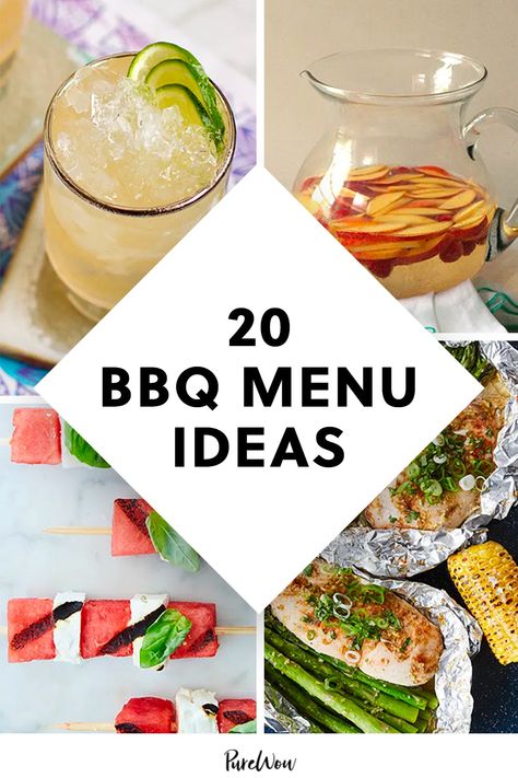 These 20 BBQ menu ideas are about to get all up in your grill. Get inspiration for everything from cocktail hour to dessert.  #BBQ #recipes #ribs Bbq Menu Ideas Parties, Bbq Ideas Food, Bbq Menu Ideas, Bbq Party Menu, Summer Bbq Menu, Bbq Dinner Party, Backyard Bbq Food, Grilling Food, Bbq Party Food