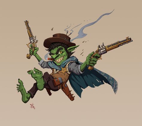 Goblin Gunslinger, Dnd Cowboy, Goblin Character, Dnd Design, Dnd Concept, Noxus League Of Legends, Steampunk Character, Goblin Art, Dnd Races