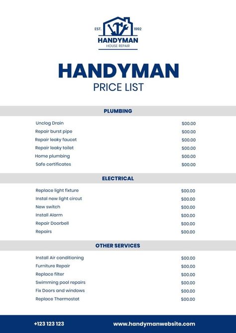 Professional Minimalist Handyman Price List Photographers Price List, Replace Light Fixture, Swimming Pool Repair, Price List Design, House Repair, Pool Repair, Business Printables, Leaky Faucet, Editing Tool