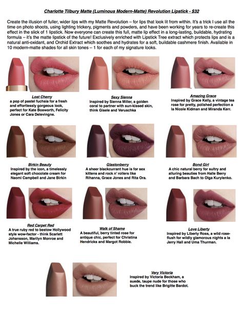 Charlotte Tilbury Matte Revolution Lipstick Swatches Lip Chart, Charlotte Tilbury Lipstick Swatches, Swatch Lipstick, Color For Fair Skin, Matte Make Up, Charlotte Tillbury, Hair Color For Fair Skin, Revolution Lipstick, Charlotte Tilbury Lipstick