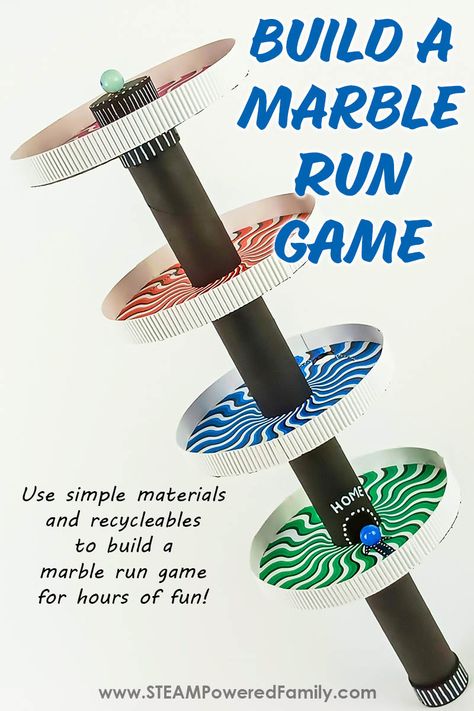 A fun DIY Marble Game STEM Challenge for kids Make Your Own Marble Run, Marble Run Stem Challenge, Stem Marble Run, Marble Run Diy, Stem Games, Stem Club, Stem Activities Preschool, Elementary Stem Activities, Marble Runs