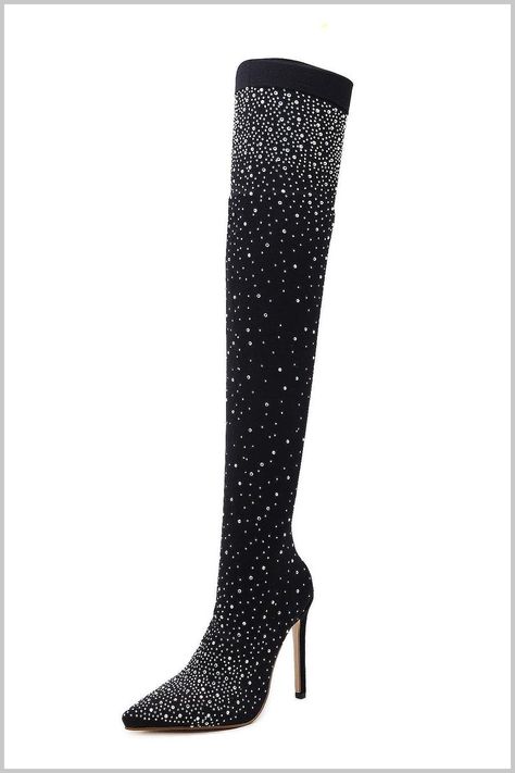 Dazzle all night long in the Sparkly Glitz and Glamour Sexy Thigh High Heeled Boots. Featuring a thigh-high, mesh based sock, this sultry shoe is made with a pointed toe shape, sexy stiletto heel, pull-on fit, and gleaming jewel embellishments. Wear with a mini dress to somewhere fabulous. Women's Over The Knee Boots, Thigh High Heels, High Heeled Boots, Mesh Socks, Thigh High Boots Heels, High Heel Boots, Thigh High, Over The Knee Boots, Thigh Highs