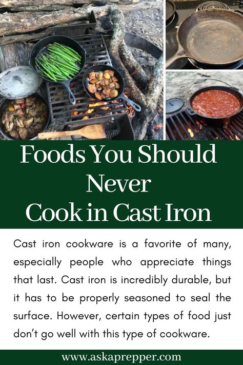 Cast iron cookware is a favorite of many, especially people who appreciate things that last. Cast iron is incredibly durable, but it has to be properly seasoned to seal the surface. However, certain types of food just don’t go well with this type of cookware. How To Cook With Cast Iron, Cast Iron Pots And Pans Set, Storing Cast Iron Cookware, Camping Hacks Food, Cast Iron Cleaning, Kitchen Item, Cast Iron Pot, Iron Cookware, Cooking Hacks