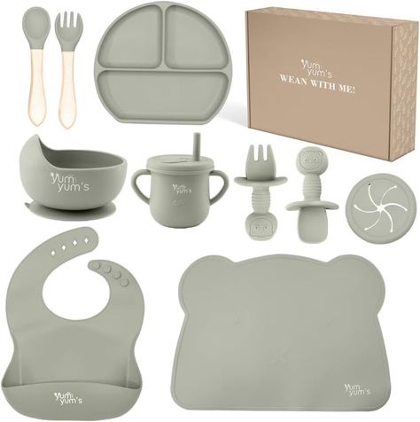 Yum Yum's Baby Weaning Set – includes Toddler Water Bottle, Suction Cups, Suction Bowl, Spoon, Fork, Baby Plate & More - Ideal Baby Feeding Set & Baby Gifts & Present - 10 Pieces (Olive) Baby Plates Set, Toddler Water Bottle, Baby Dinner, Baby Table, Baby Essentials Newborn, Baby Teether Toys, Toddler Cup, Baby Feeding Set, Baby Plates