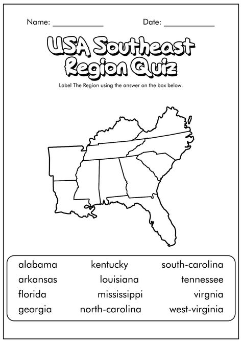 Southeast Region Map, Us Regions Map Free Printable, Us Map Printable, Books For First Graders, Blank World Map, Map Skills Worksheets, World Map Continents, Map Quiz, World Map Printable