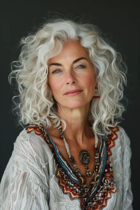 Long Gray Permed Hair, Grey Curly Shag Hairstyles, Mid Length Curly Gray Hair, Curly Grey Bob Over 50, Older Women With Long Curly Hair, Curly Silver Hair, Grey Curly Hair Wigs & Hair Extensions, Medium Curls, Grey Curly Hair