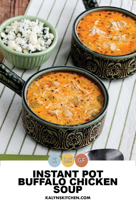 This delicious low-carb Instant Pot Buffalo Chicken Soup can be topped with crumbled blue cheese, and this can warm up your tastebuds! And I'm guessing anyone who likes Buffalo Chicken is also going to enjoy Buffalo Chicken Soup! [found on KalynsKitchen.com] #InstantPotsoup #LowCarbSoup #BuffaloChickenSoup Slow Cooker Buffalo Chicken Soup, Buffalo Chicken Soup Crockpot Creamy, Buffalo Chicken Wing Soup Crockpot, Buffalo Chicken Soup Crockpot Healthy, Low Carb Buffalo Chicken Soup, Low Carb Chicken Soup, Keto Chicken Soup, Buffalo Chicken Soup, Buffalo Style