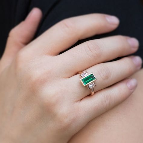 Emerald Baguette Ring, Emerald Ring Engagement, Antique Emerald Ring, Etsy Engagement Rings, Art Deco Emerald, Blue Diamond Engagement Ring, Art Deco Emerald Ring, Baguette Ring, Womens Ring