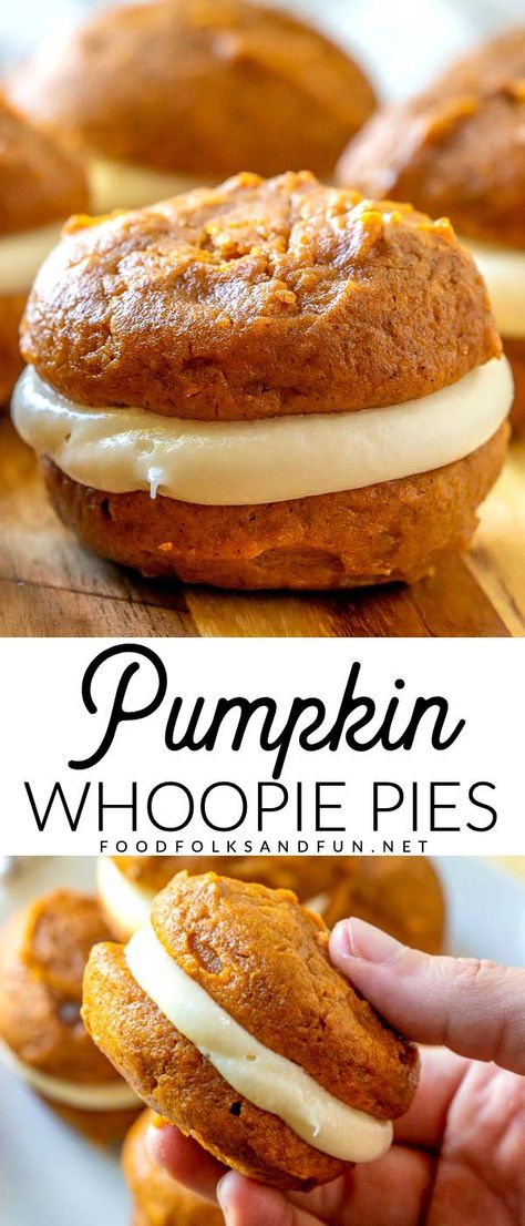 Pumpkin Whoopie Pies With Maple Cream Cheese Frosting, Fall Desserts With Cream Cheese, Pumpkin Whoopee Pie, Pumpkin Woo Pie Pies, Weird Dinner Recipes, Pumpkin Cream Cheese Whoopie Pies, Desserts With Ingredients At Home, Pumpkin Cookie Pie, Fun Fall Party Food