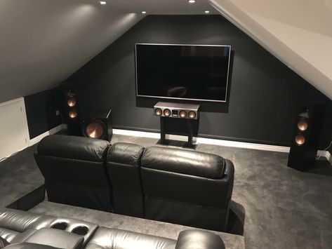 Attic Theater Room Ideas, Tv Theater Room, Man Cave Gaming Room Ideas, Man Cave Attic Ideas, Gaming Room Attic, Attic Gaming Room Ideas, Man Cave Loft Ideas, Attic Home Theater, Attic Tv Room Sloped Ceiling