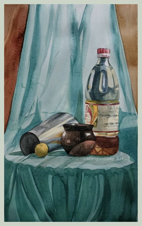 #study_work #Watercolour #Mangaldeep_art #biman_gorai_art #still_life_study Stilllife Paintings Acrylic, Still Life Drawing Poster Colour, Still Life Painting Pencil Shading, Still Life In Watercolor, Object Drawing Still Life Watercolor Painting, Watercolour Objects, Still Life Watercolor Paintings, Watercolour Still Life Painting, Watercolour Still Life