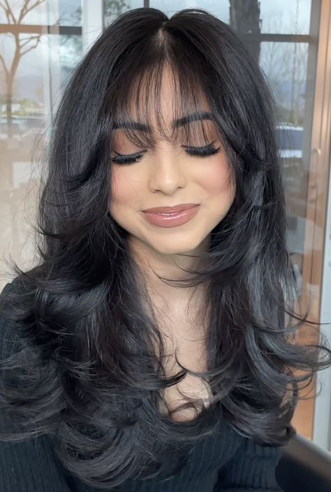 Layered Hair Medium With Long Bangs, Beautiful Layered Haircuts, Black Long Layered Hair With Bangs, Long Layers With French Bangs, 90s Haircut With Wispy Bangs, Long Black Hair With Layers Round Faces, Long Layers With Bangs Haircut, Long Black Hair With Layers And Bangs, Bangs With Butterfly Haircut