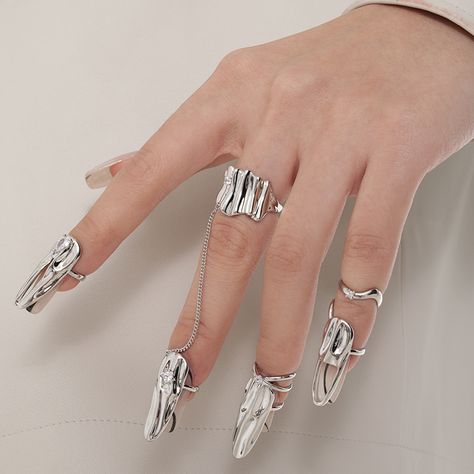 FanYin Metal Nail Art Ring Set Combination Joint Ring for Women INS Selling Trend Party Jewelry Finger Nail Rings, Nail Rings Jewelry, Wudu Nail Rings, Fingernail Rings, Fingernail Ring, Fingertip Rings, Ring Nails, Nails Rings, Art Rings