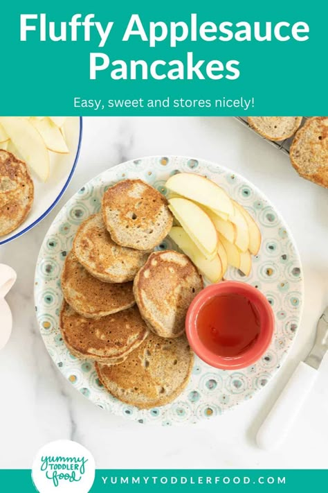 Fluffy Applesauce Pancakes (to Share with the Kids) Oatmeal Applesauce Pancakes, Apple Sauce Pancakes For Baby, Apple Pancakes For Baby, Applesauce Pancakes For Baby, Apple Sauce Pancakes, Baby Applesauce, Baby Solids, Applesauce Pancakes, Egg Free Pancakes