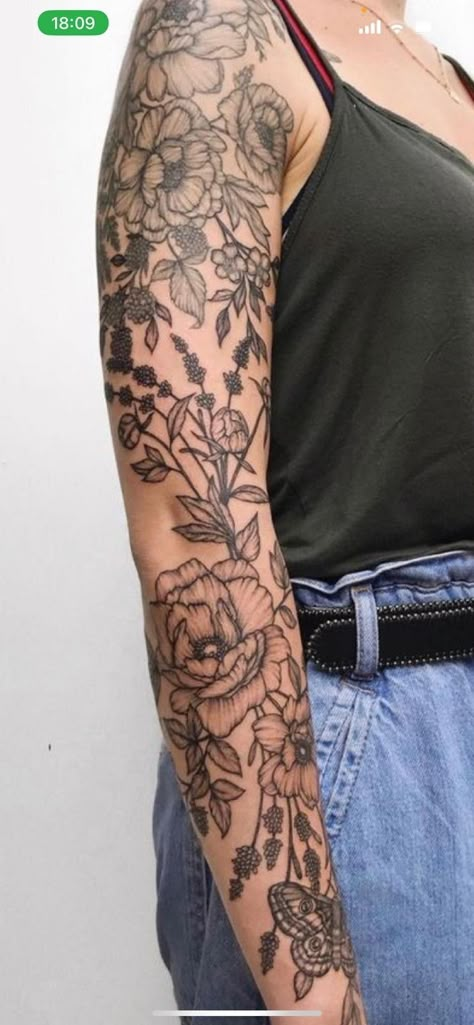 Floral Themed Sleeve Tattoo, Floral Background Tattoo, Wildflower Sleeve Tattoo Black And White, Sleeve Tattoos For Women Patchwork, Line Work Floral Tattoo, Dark Floral Tattoo Sleeve, Floral Patchwork Sleeve Tattoo, Botanical Tattoo Sleeve Vintage, Flower Tattoo Sleeve For Women