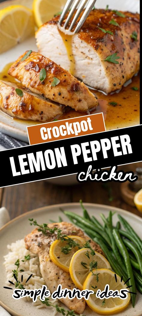 This slow cooker chicken recipe is all about bold flavor with minimal effort. Juicy lemon pepper chicken thighs are slow-cooked to perfection in a tangy, herby lemon pepper marinade. A favorite among crockpot chicken recipes, it’s perfect as a main dish or in recipes with chicken and peppers like stuffed peppers. Chicken And Vegetable Crockpot Recipes, Chicken Thigh Recipes Lemon Pepper, Lemon Pepper Crockpot Chicken, Pepper Chicken Crockpot, Lemon Pepper Chicken Crockpot, Lemon Pepper Chicken Recipes, Crockpot Lemon Pepper Chicken, Lemon Pepper Chicken Thighs, Lemon Pepper Marinade