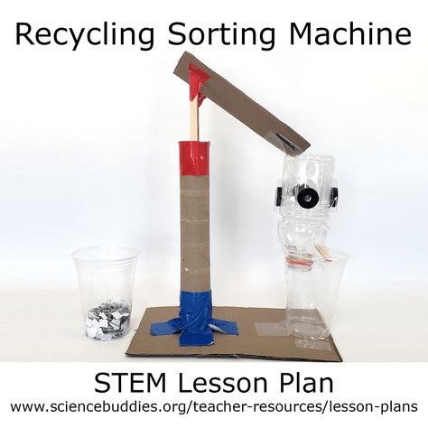 "Build a Recycling Sorting Machine" -- Free, #NGSS-aligned #STEM lesson for hands-on #engineering with real-world context! Use the #engineering design process to build and test a recycling sorting machine.  #recycling #engineeringproject #scienceteacher #scienceproject #scienceactivity #engineeringdesign #STEMproject #maker #makerspace #ScienceBuddies Science Expo Ideas, Recycling Lessons, Stem Lesson Plans, Kindergarten Stem, Recycled Toys, Stem Lesson, Steam Projects, Engineering Design Process, Electronic Waste