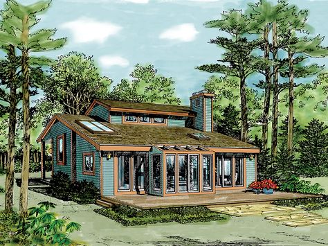 The Meadowvale Cabin Home  has 3 bedrooms and 2 full baths. See amenities for Plan 016D-0013. Vacation Home Plans, Passive Solar House Plans, Solar House Plans, Passive Solar Homes, Passive Solar, Solar House, Contemporary Style Homes, Cottage Plan, Contemporary House Plans