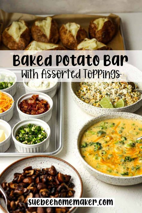 Indulge in a create-your-own Baked Potato Bar with lots of tasty toppings. Use our easy method to make perfectly crispy potatoes, and then add your favorite toppings for the best-loaded baked potato experience! Toppings For Baked Potatoes Bar, Baked Potatoes Toppings Ideas, Make Ahead Baked Potatoes, Baked Potato Bar Ideas Toppings, Baked Potato Bar For A Crowd, Bake Potato Bar, Baked Potato Bar Wedding, Potato Bar Ideas Toppings, Baked Potato Party