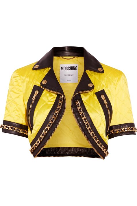 MOSCHINO . #moschino #cloth #jacket Moschino Jacket, Cl Fashion, Cropped Biker Jacket, Moschino Couture, Satin Jacket, Yellow Jacket, Satin Jackets, Jeremy Scott, Collar Jacket