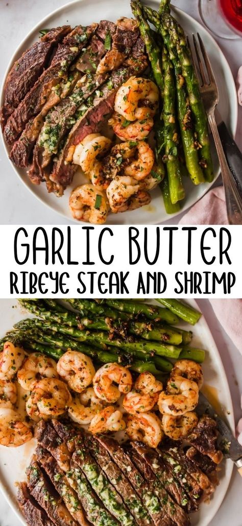 Shrimp With Steak Recipes, Yummy Steak Dinner Recipes, Garlic Butter Steak And Shrimp, Steak Meal Recipes, Best Steak Dinner Recipes, Cooking Recipes For Dinner Steak, Dinner Ideas For Two Steak, Ribeye Steak And Shrimp Recipes, Shrimp Steak Recipes