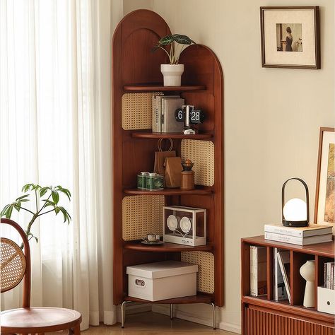 Hernest Mid-Century Walnut Corner Bookcase with Rattan Design, 5 Tier Wooden Bookshelves with Stainless Metal Legs for Living Room and Home Office Mid Century Modern Corner Cabinet, Bookcase Mid Century Modern, Rounded Bookshelf, Midcentury Modern Bookshelf, Corner Bookshelf Ideas, Corner Bookshelves Living Room, Midcentury Bookshelf, Mid Century Modern Shelf, Bookshelves Living Room