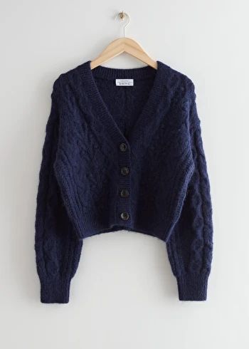 Cable Knit Wool Cardigan - Navy - Cardigans - & Other Stories US Blue Cardigan Outfit, Navy Blue Cardigan, Vintage Knitwear, Navy Cardigan, Blue Knit Sweater, Cardigan Outfits, Graduation Outfit, Blue Cardigan, Wrap Cardigan