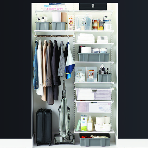 Elfa Classic 4' Coat & Storage Closet Mudroom Closets, Affordable Closet Systems, Mesh Drawers, Chicago Condo, Hanging Closet Storage, Elfa Closet, Playroom Inspiration, Mudroom Closet, Elfa Shelving