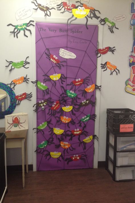 Spider Door Decorations Classroom, Spider Classroom Door, Classroom Door Decorating Ideas, Halloween Door Decorations Classroom, Eric Carle Classroom, Classroom Door Decorating, Halloween Classroom Door, Door Decorating Ideas, The Very Busy Spider