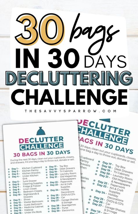 Take the 30 Day Decluttering Challenge for a clutter-free home! In just 30 Days and 30 Bags this declutter challenge will help you to create a home you love! Grab a free printable and start today! 60 Minute Declutter Challenge, 365 Declutter Challenge 2023, Free Decluttering Printables, One Hour Declutter Challenge, Declutter House, Clutter Challenge, 30 Day Declutter, Decluttering Checklist, Decluttering Challenge