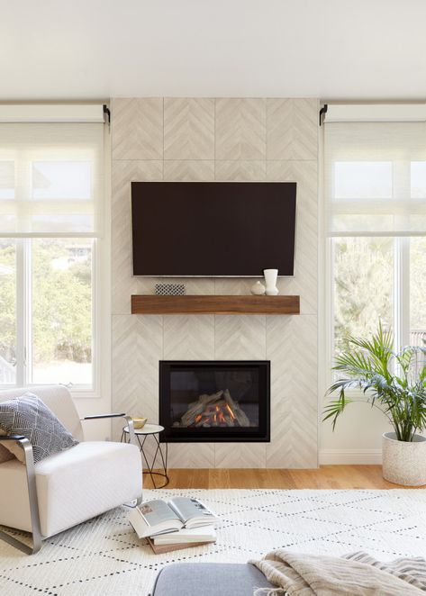 Fireplace Mantel Modern, Herringbone Tile Fireplace, Beam Fireplace Mantle, Tiled Fireplace Wall, Herringbone Fireplace, Live Edge Shelf, Full House Remodel, Beam Fireplace, Decorative Fireplace