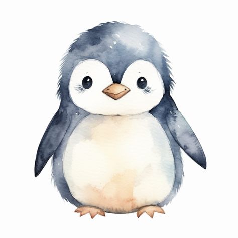 Christmas Penguin Illustration, Cute Watercolour Ideas, Watercolour Inspiration Beginner, How To Draw A Penguin, Baby Penguin Drawing, Watercolor Animals Easy, Penguins Illustration, Cute Penguin Art, Cute Penguin Drawing