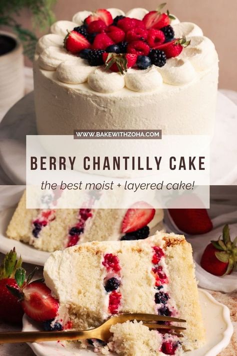 Today, we're sharing this easy-to-follow Whole Foods inspired Berry Chantilly Cake that is the perfect summer dessert with how fresh, light, and delicious this sweet treat is. This layer cake is moist and tender vanilla cake layers, a luscious light mascarpone chantilly cream frosting and lots of berries. Whether you bake this delicious cake for a birthday, as your summer dessert for gatherings, or a special occasion, it will leave a crowd impressed. Find the recipe at bakewithzoha.com Berry Cakes Recipe, Fruit Layered Cake, Wedding Fruit Cake Recipe, Cakes With Fruit Filling, Fresh Fruit Cake Recipe, Fruit Flavored Cakes, Fruit Cakes Birthday, Vanilla Fruit Cake Recipe, Berry Chantilly Cake Recipe