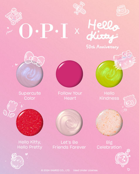 Explore the supercute world of @hellokitty! 🥰✨❤️💅💎

Be yourself in 6 cute as ever crèmes + shimmers, plus 4 bow-tiful xPRESS/ON sets inspired by Hello Kitty. 🎀

#OPI #OPIObsessed #OPIxHelloKitty #OPIxPRESSION #HelloKitty50th Hello Kitty Opi, Hello Kitty Shop, Opi Colors, Cute Simple Nails, Hello Pretty, Nail Stuff, Polish Colors, Opi Nails, Pretty Stuff