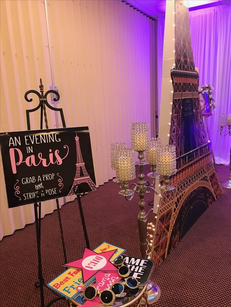 Starry Night In Paris Theme, A Night In Paris Prom Theme, Night In Paris Prom Theme, Womens Birthday Party Ideas, Night In Paris Prom, Hoco Decor, Chanel Birthday Theme, Paris Prom Theme, Paris Sweet 16