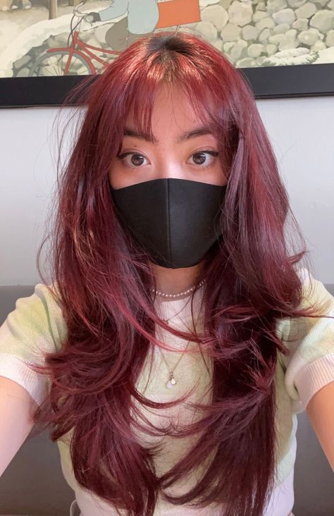 Red Hair With Blonde Stripe, Red Hair With Butterfly Cut, Red Hair Brunette Balayage, Black Cherry Hair With Bangs, Layered Haircut Red Hair, Cherry Red Hair Layers, Orangy Red Hair, Red Layered Hair With Bangs, Long Dark Red Hair With Bangs