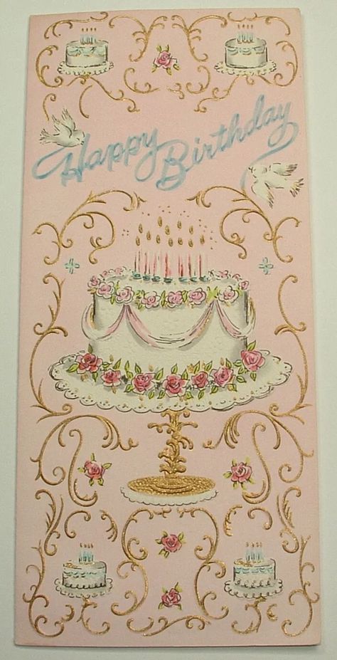 Gold Accents - Birthday Cake, PINK - 1950's Vintage SUNSHINE Greeting Card Quinceanera Birthday Cards, Vintage Birthday Illustration, Cute Birthday Card Aesthetic, Hawaiian Birthday Card, 1950s Bakery, Vintage Party Invitations, Cute Birthday Card For Best Friend, Unicorn Birthday Cards Handmade, Disney Cards Handmade