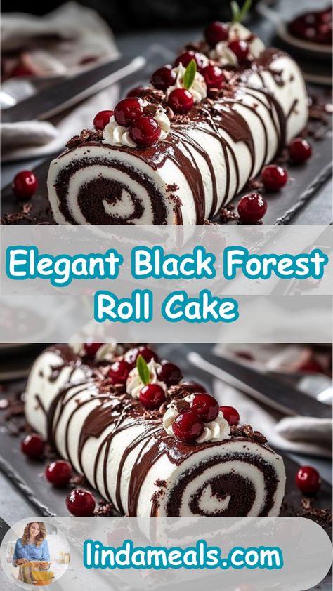 Black Forest Roll Cake, Chocolate Swiss Cake, Jelly Roll Cake, Black Forest Cake Recipe, Swiss Cake, Cherry Delight, Cake Light, Cherry Filling, Chocolate Sponge Cake