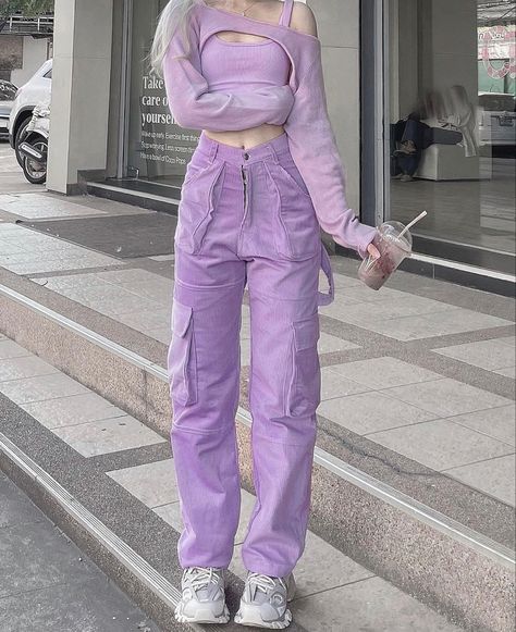 Indecisive Aesthetic, Purple Outfits For Women, Purple Pants Outfit, Clean Girl Look, Purple Clothing, Punk Style Outfits, Preppy Fits, Bike Drawing, Practice Outfits