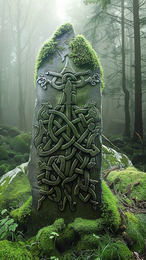 Mystical Forest Stone: An ancient stone covered in intricate Celtic knots stands enigmatic amidst the misty, moss-covered forest. #mystical #forest #stone #celtic #knots #aiart #aiphoto #stockcake ⬇️ Download and 📝 Prompt 👉 https://stockcake.com/i/mystical-forest-stone_827973_1142140 Celtic Forest, Lion Couple, Forest Book, Moss Covered, Ancient Stone, Night Flowers, Mystical Forest, Misty Forest, Celtic Knots