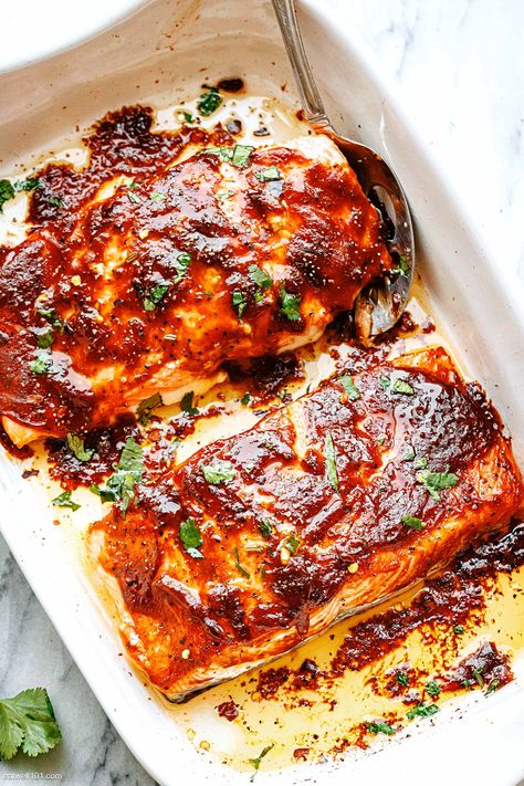 Oven Baked BBQ Salmon - #salmon #recipe #bbq #eatwell101 - Baked BBQ Salmon is so quick and easy. With only two key ingredients and minimal cleanup, this baked salmon recipe makes a stress-free dish for any lunch or weeknight dinner. - #recipe by #eatwell101® Pan Seared Teriyaki Salmon, Salmon Barbeque Recipes, Korean Bbq Salmon, Bbq Salmon Recipes In Foil, Bbq Sauce Salmon, Salmon Recipes Bbq, Baked Bbq Salmon, Barbeque Salmon, Best Salmon Recipe Baked