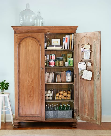 Turn an Armoire into a Pantry: No need for built-ins. Stand-alone storage, like this armoire-turned-cupboard, is one of the latest kitchen trends. Stand Alone Kitchen Pantry, Armoire Pantry, Latest Kitchen Trends, Beautiful Pantry, Vintage Armoire, Pantry Shelving, Kitchen Organization Pantry, Kitchen Pantry Design, Kitchen Pantry Cabinets