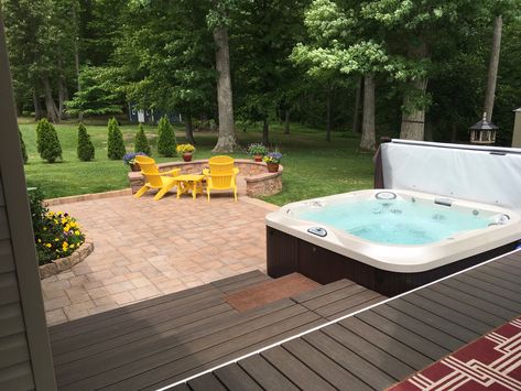 Deck with hot tub, paver patio, fire pit and sitting wall Hot Tub On Patio Pavers, Backyard With Spa And Fire Pit, Step Down Hot Tub Deck, Deck Designs Backyard Split Level, Patio Deck With Hot Tub, Deck With Hot Tub Built In, Deck To Hot Tub, Pavers Around Hot Tub, Deck Patio Combo Ideas With Hot Tub