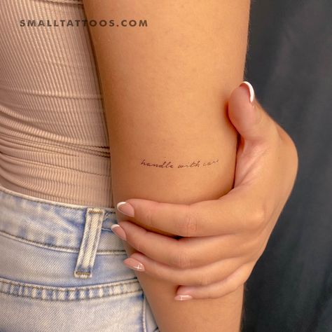 Handwritten font style 'handle with care' temporary tattoo. Set of three. Size: 2 in / 5 cm (width) Handle With Care Tattoo, Last Name Tattoo For Women, Maiden Name Tattoo, Dainty Tattoos With Meaning, Perspective Tattoos, Tattoo Font Styles, Underarm Tattoo, Cute Simple Tattoos, Cross Tattoo Designs