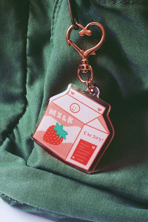 Strawberry Milk Keychain Available for purchase at DEZIMOONSHOP on Esty Milk Keychain, Sell Stickers, Stickers Art, Strawberry Milk, Keychains, Milk, California, Art Prints, United States