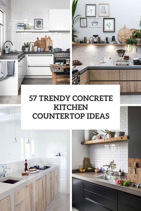 trendy concrete kitchen countertop ideas cover Kitchen Countertops Ideas Concrete, Cement Wood Kitchen, Kitchen Remodel Concrete Countertops, Concrete Countertop Ideas Kitchen Counters, Concrete Countertops Oak Cabinets, Cement Counter Top Kitchen, Modern Kitchen Concrete Countertops, Concrete Kitchen Cabinets Cement, Concrete Countertop Kitchens