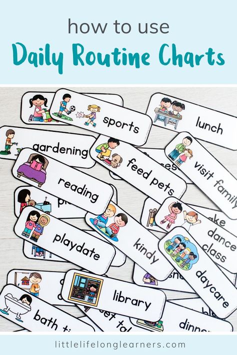 Daily Routine Charts for Kids by Little Lifelong Learners. Visual schedules and daily routine cards give kids cues about what to expect from their day and encourage independence and confidence in toddlers and preschoolers. We're sharing how and why we use a daily routine chart at home to illustrate our morning routine and daily activities, such as getting dressed, packing our bag, and brushing our teeth! Read the blog post to learn more and get our printable daily routine cards for kids! Kids Time Table Daily Schedules, Visual Routine Chart For Kids, Daily Routine Illustration, Visual Morning Routine, Routine Charts For Kids, Daily Routine Cards, Daily Routine Chart For Kids, Visual Routine, Daily Schedule Cards